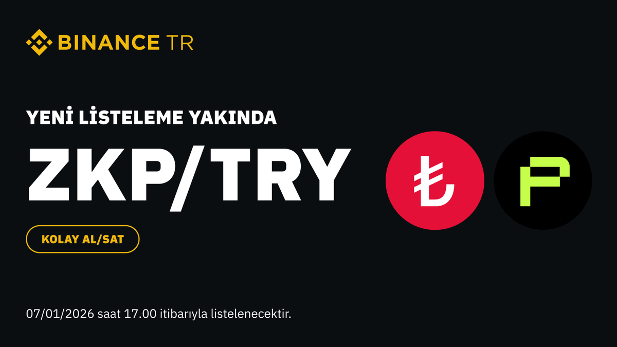 BinanceTR's tweet image. #Binance TR, 07/01/2026 Çarşamba günü saat 17.00’de ZKP (zkPass) kripto varlığını TRY işlem çiftinde listeleyecektir.

Detaylar için tıklayın 👇
binance.tr/tr/blog/geli%C…