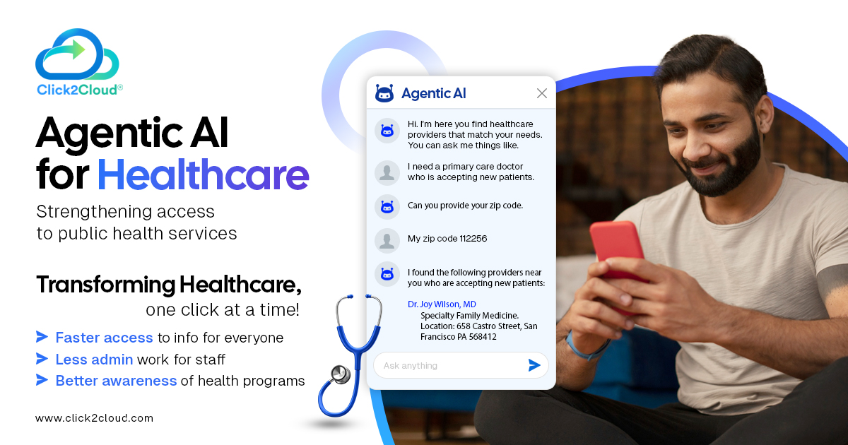 Fragmented health data. Overloaded helplines. Low scheme awareness.

Click2Cloud developed CitizenCare AI Bot to help public healthcare systems scale access, reduce service overload, and improve citizen outcomes using Agentic AI.

#DigitalHealth #AgenticAI #GovAI