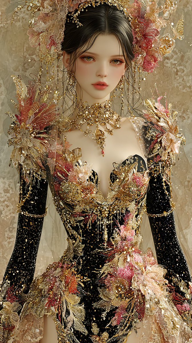 art_muse's tweet image. Prompt Share: Highly detailed fantasy portrait of a beautiful young woman with long dark hair elegantly styled, adorned with intricate gold jewelry and a floral headdress featuring large pink and gold flowers, wearing an opulent black corset gown with elaborate gold embroidery,…
