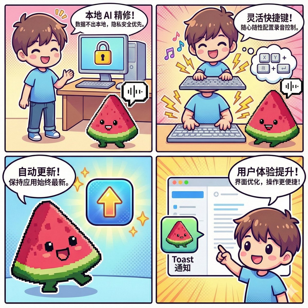 👋口感清爽的西瓜说🍉输入法上新了1.1.5版本，
这个版本最大的变化是我们支持了本地精修模型，不用远程模型也可以设置人设啦。
同时我们也增加了更新能力，后续版本不用再手动更新啦。