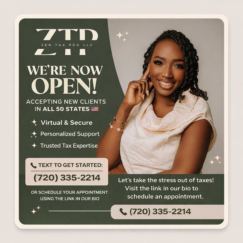 ZenTaxProLLC_'s tweet image. ✨We’re Officially Open! ✨
Tax season is here, and Zen Tax Pro is now accepting new clients while welcoming back our returning clients—we appreciate you!
📍We proudly file taxes in all 50 states
📲 Text (720) 335-2214 to get started
#ZenTaxPro #TaxSeason2026 #NowAcceptingClients