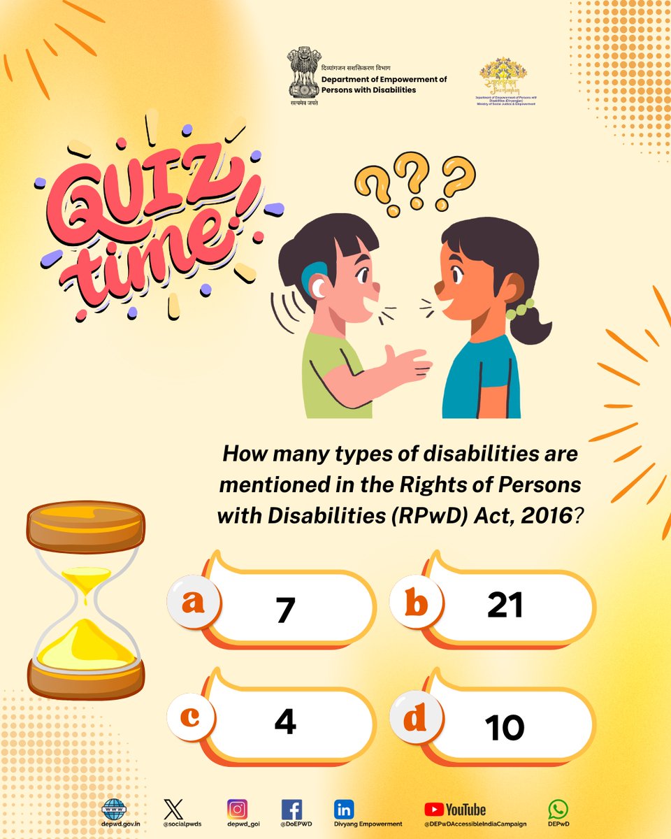 socialpwds's tweet photo. Do you know how many types of disabilities are recognized under the Rights of Persons with Disabilities (RPwD) Act, 2016? This landmark law strengthens inclusion and ensures better rights and opportunities for persons with disabilities across the country.

Think you know the answer? Drop it in the comments box.

#InclusiveBharat #RPwDAct2016 #DisabilityAwareness  #EqualRights 

@PMOIndia @Drvirendrakum13 @blvermaup @mygovindia @PIB_India