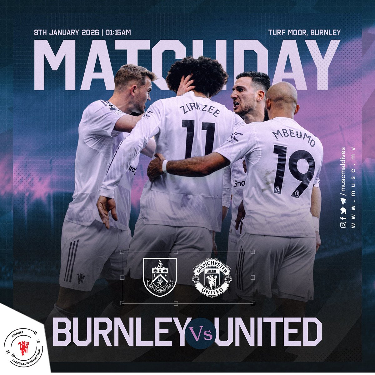 muscmaldives's tweet image. Late-Night Football
Burnley vs @ManUtd 
🏟 Turf Moor
🗓 8 January 2026
⏰ 1:15 AM (Maldives Time)
For the faithful still awake. 🔴