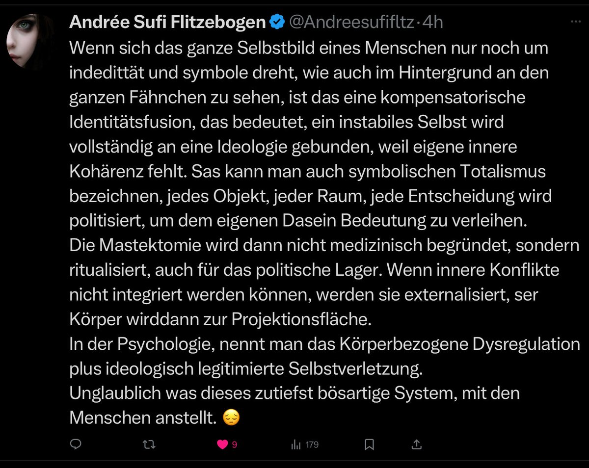 mich machen solche videos echt fertig.
junge frauen, die aus dem, was ihnen in dieser sexualsierten gesellschaft als ‚frausein‘ erzählten und erlebten perspektive ‚herausidentifizieren‘ wollen. eine ideologie, die ihnen verspricht, sie würden sich nach der amputation besser