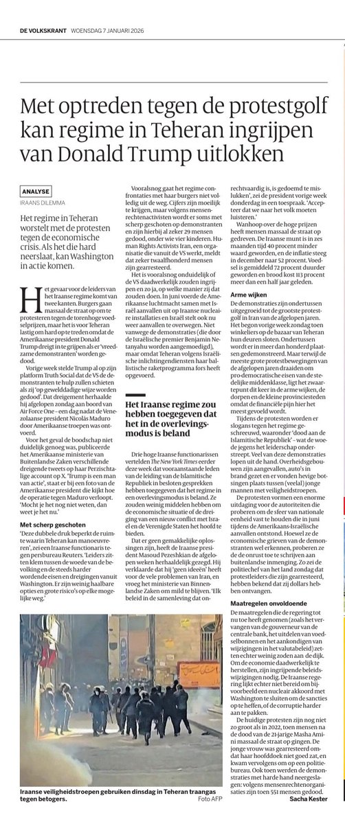 Nogal laf stuk in de Volkskrant over de protesten in Iran, vooral vanuit het perspectief van het regime dat zich in haar voortbestaan bedreigd voelt. Onderliggend sentiment, het protest van het volk tegen de weerzinwekkende islamistische dictatuur blijft buiten beschouwing. Ook