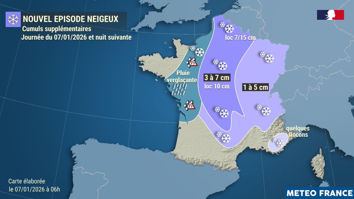 🟠 Comme prévu, la perturbation est arrivée par les côtes de Manche en cette fin de nuit, et circule sur le pays ce mercredi : 38 départements en #VigilanceOrange #neige verglas.

Ces cumuls s’ajoutent à ceux déjà tombés lundi. Soyez prudents, tentez de limiter vos déplacements !