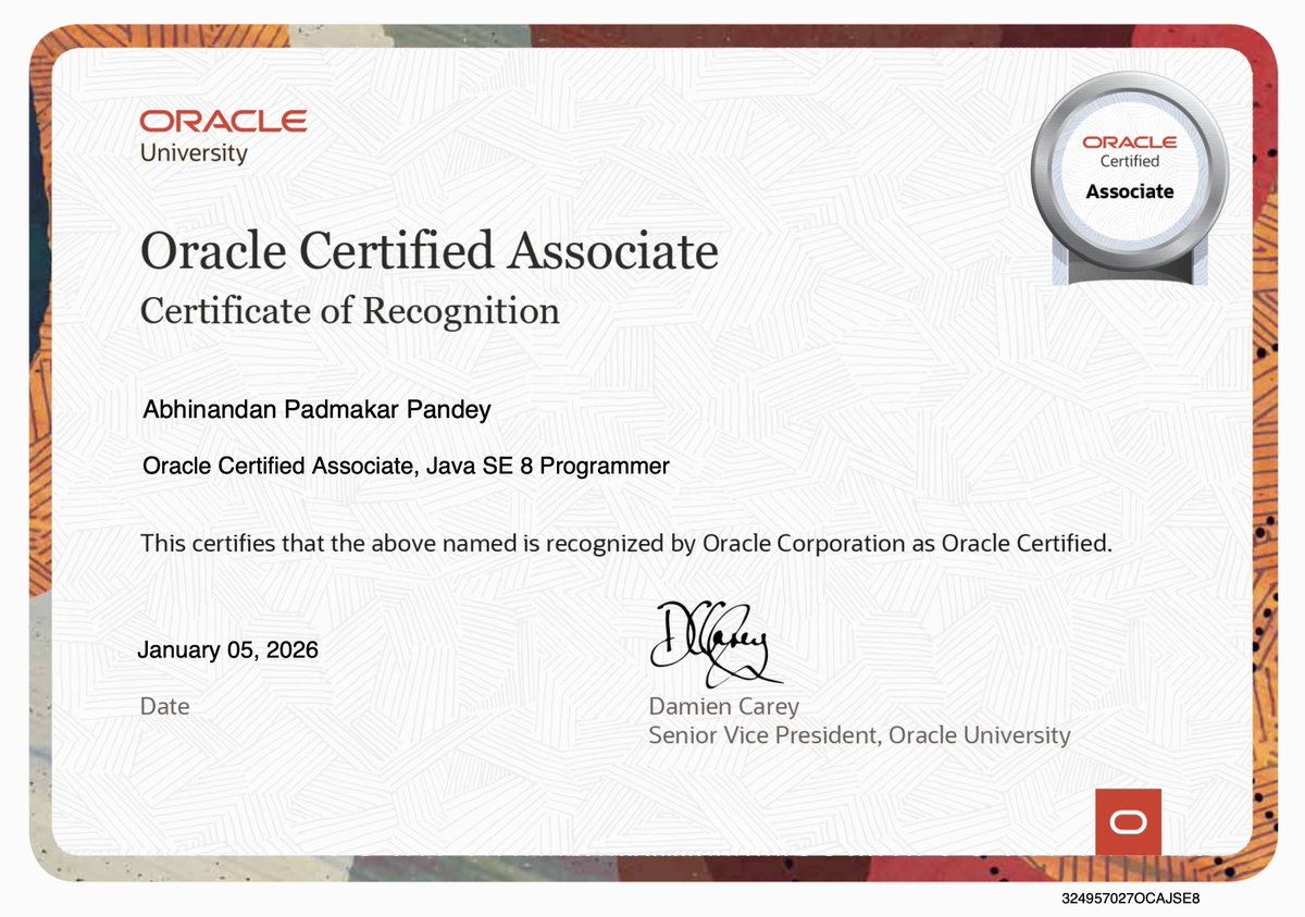 abhinandanPdy's tweet photo. Check out my new Oracle Certified Associate, Java SE 8 Programmer certification! https://t.co/k5tqXru4ct #OracleCertified via @Oracle_Edu https://t.co/erWQBEJD06