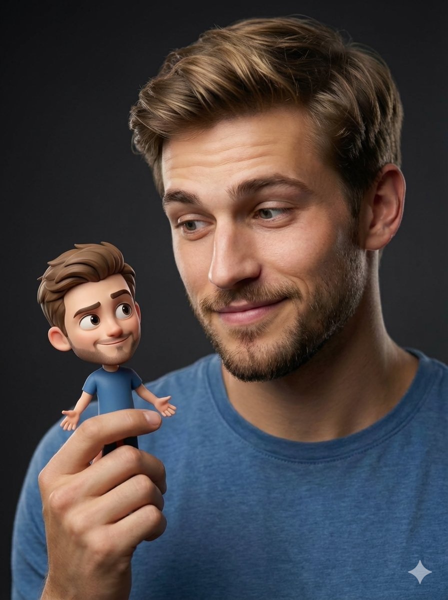 Nano Banana pro on Gemini app.
Prompt: {
  "Objective": "Create a hyper-realistic studio portrait blending photorealism with a whimsical 3D cartoon miniature character",
  "PersonaDetails": {
    "PrimarySubject": {
      "Type": "Young man",
      "Appearance": {
        "Hair":