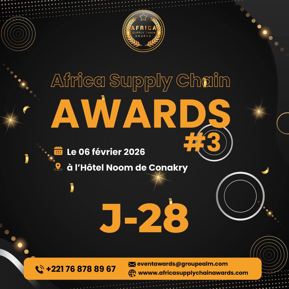 🌍 Plus que 28 jours pour rejoindre à Conakry 🇬🇳 et célébrer avec nous l'excellence supply chain en Afrique.

🔴 Réservez déjà maintenant votre place afin de réseauter avec les Boss de la logistique &amp; supply chain du continent.

#transport #logistics #supplychain #africalogistics