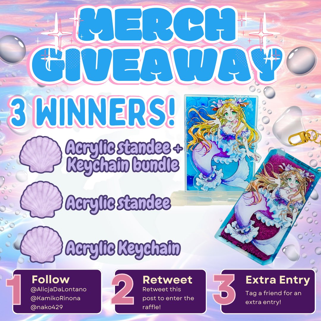 AlicjaDaLontano's tweet image. 🎉 Hejka Hejcow! Giveaway time! 🌊✨

💜 Violet Pearl Magic Giveaway 💜
3 lucky Kikis will win merch from the Mermaid Melody Fan Concert!

🏆 Prizes:
1️⃣ Full bundle
2️⃣ Acrylic standee
3️⃣ Acrylic keychain

Winners get a 100% discount code for Rinona’s shop to grab the prize! 🌍…