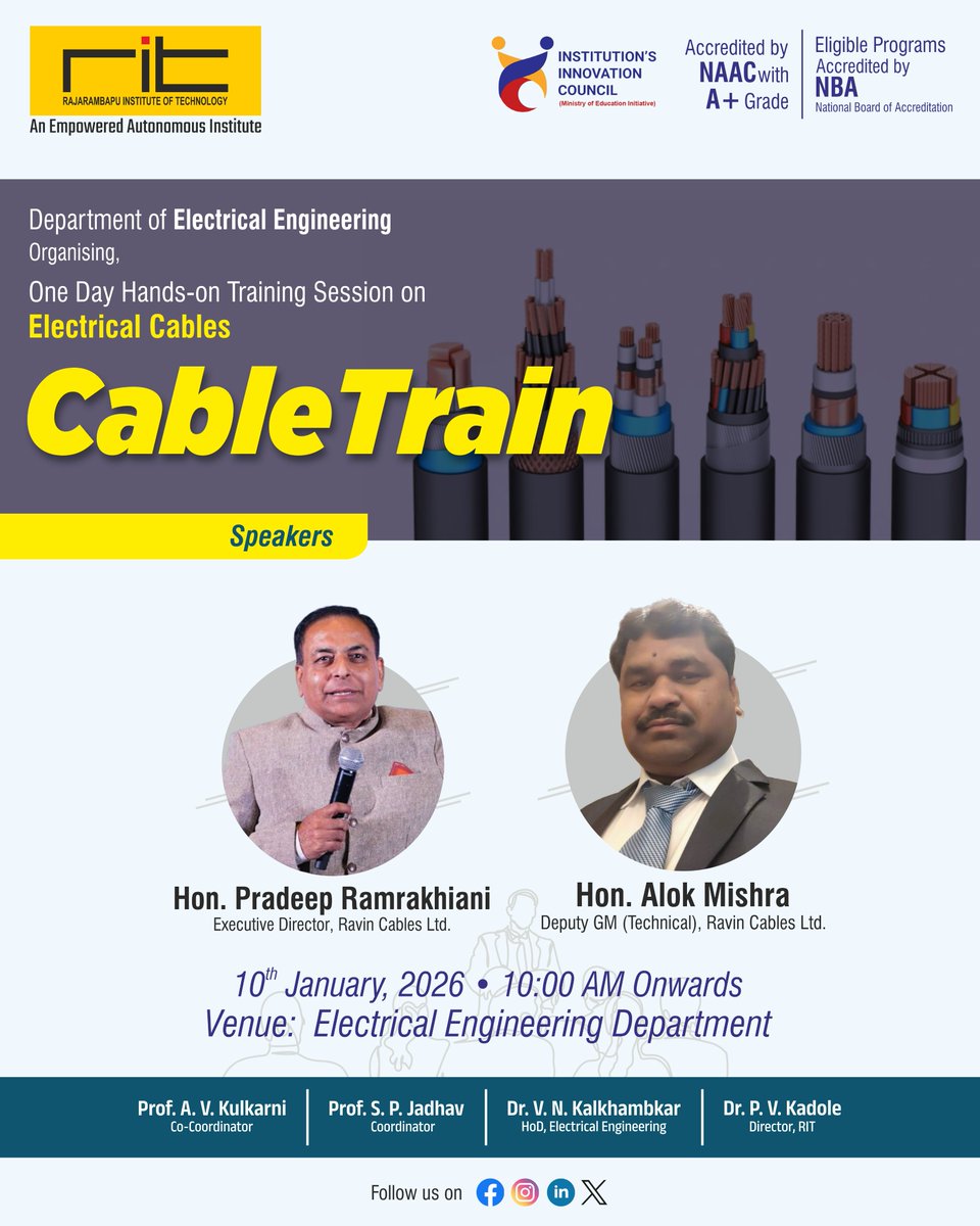 ritindia1983's tweet photo. 🔌 Hands-on Training on Electrical Cables (CableTrain) 📅 10 Jan 2026 | 📍 RIT
For SY & TY https://t.co/jQq9400LSP Electrical Engg students to gain industry-ready skills in cable selection, installation & safety. Experts from Ravin Cables Ltd.
#CableTrain #RIT #SkillDevelopment https://t.co/U1kCVmySk5