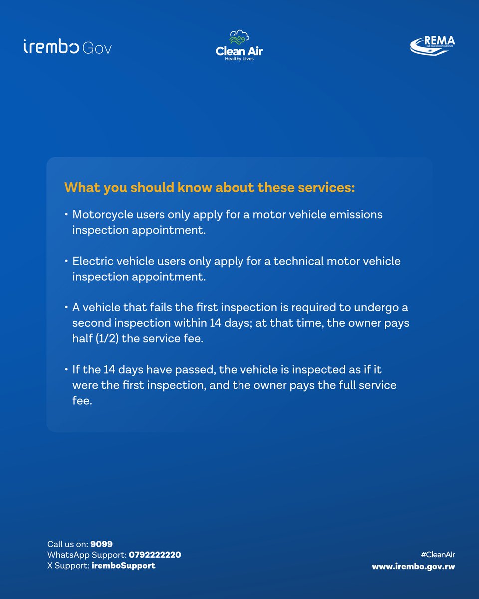 We’ve simplified it! To save you time, we have unified the Motor Vehicle Inspection (Contrôle Technique) and Vehicle Emission Testing services into a single application process on IremboGov. 

This means you no longer need separate applications. Now, you can book and pay for both