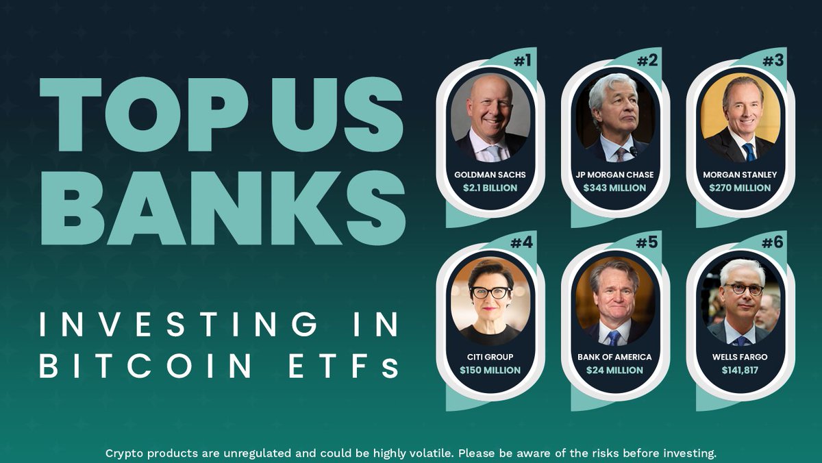 Bitcoin ETFs Go Mainstream! Goldman Sachs leads with $2.1B, followed by  JPMorgan, Morgan Stanley, Citi,