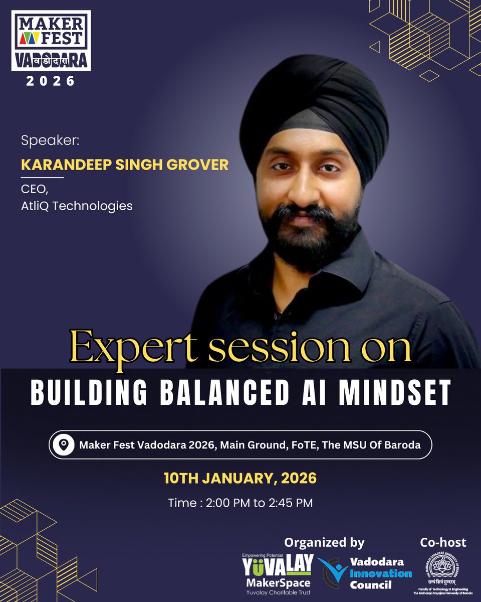 #EXPERT #SESSION: Building a Balanced #AI Mindset

AI is shaping the future—but are we thinking about it the right way? 

Join us at #MakerFest #Vadodara 2026 for an insightful session on building a balanced, responsible, and human-centric approach to #ArtificialIntelligence