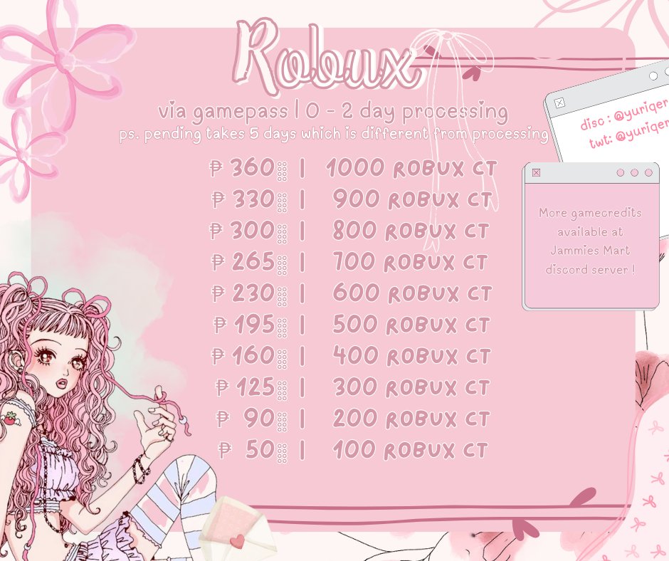 🍡 Robux Via Gamepass | rate prices below

⠀available for gcash , remitly , paypal fnf (+3%)
⠀and other remmitance payment method ! 
⠀check my discord server shop for more discount
🎟️ fs lf wb #robuxgiveaway #robux #robuxgw #roblox #adoptme #adoptmetrading #robuxgiftcard