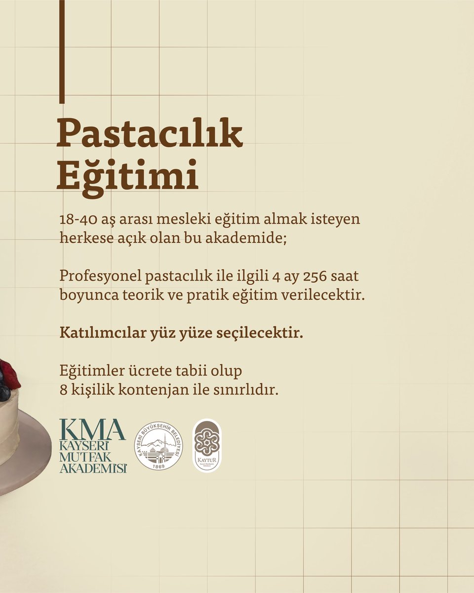 Kayseri Mutfak Sanatları Merkezi’nde aşçılık ve pastacılık eğitimi başlıyor.

Detaylı bilgi için; ⬇️⬇️⬇️

instagram.com/p/DTM61ytDdTL/…