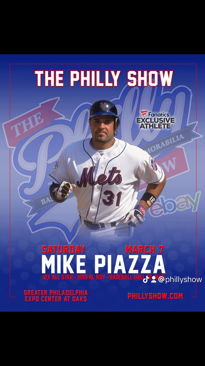 Philly_Show's tweet photo. ⚾🔥 A BASEBALL ICON IS SIGNING 🔥⚾
Baseball Hall of Famer Mike Piazza is signing at The Philly Show!
⭐ Fanatics Exclusive
📅 Sat, Mar 7 | 📍 Greater Philadelphia Expo Center at Oaks
🎟️ https://t.co/yo548xHmUP
#MikePiazza #BaseballHOF #MLBLegend #ThePhillyShow https://t.co/i30ZUJFvlw
