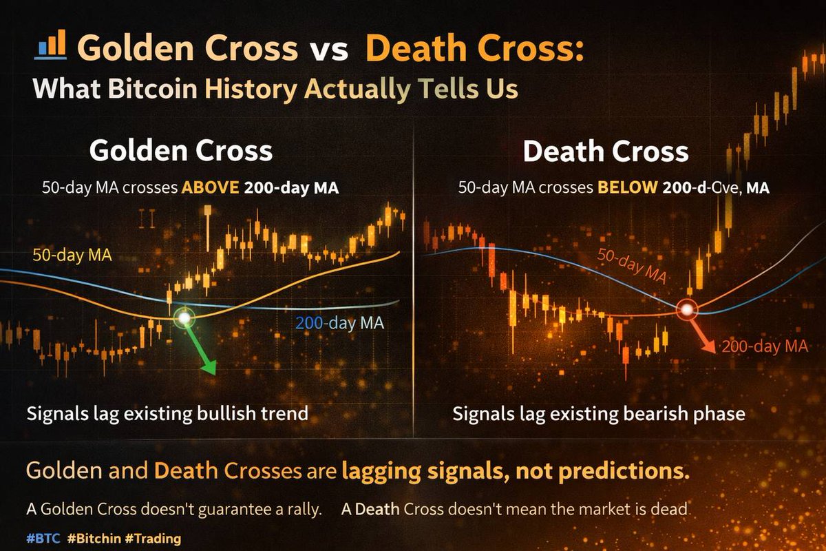 📊 Golden Cross vs Death Cross: what Bitcoin history really shows Golden  Cross and Death Cross are popular, but they are lagging signals, not  predictions. They work best when they confirm an