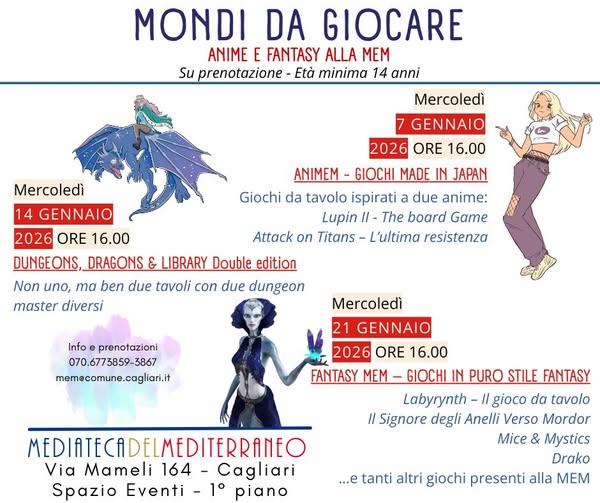 𝐌𝐞𝐫𝐜𝐨𝐥𝐞𝐝ì 𝟕 𝐠𝐞𝐧𝐧𝐚𝐢𝐨, 𝐨𝐫𝐞 𝟏𝟔 alla #MEMCagliari Animem - Giochi made in Japan, un pomeriggio dedicato ai giochi da tavolo che portano in scena l'azione degli anime più amati. La partecipazione è gratuita, su prenotazione, ed è riservata ai maggiori di 14 anni.