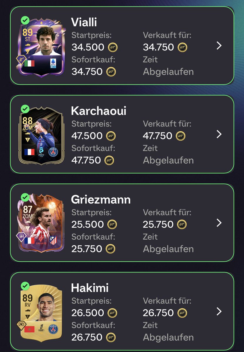 Verkäufe von gestern. 

Hab mich doch dazu entschieden die Liste abzuverkaufen und dann eine zu hole mit Karten die max 30k kosten. Toty und die Toty Leihspieler haben doch ein riesigen Einfluss. 

PS: Der zweite Einspruch wurde abgelehnt. Habe jetzt einen neuen Fall aufgemacht.