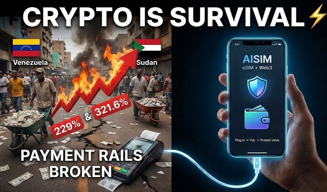 229% inflation in Venezuela → people use crypto.

 321.6% inflation in Sudan → payment rails are broken.

Crypto isn’t hype — it’s survival. ⚡️

AISIM = eSIM + Web3
Plug in → Pay → Protect value 🌍💳🚀

#CRYPTO #WEB3 #BITCOIN #Inflation #CryptoAdoption #AISIM