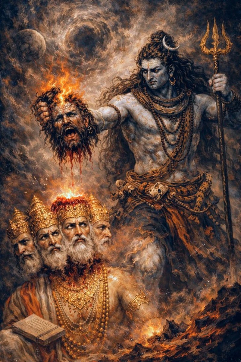 ASingh0404's tweet photo. The episode of Kaal Bhairav cutting the fifth head of Lord Brahma symbolizes the divine correction of ego and the restoration of cosmic balance. 

When Brahma’s fifth head arose from arrogance and false pride, disrupting harmony and truth, Shiva manifested as Kaal Bhairav the fierce embodiment of awareness and justice. 

With a single decisive act, Bhairav severed the fifth head, not as an act of violence, but as a necessary dissolution of ego and misuse of authority. 

This moment teaches that even the highest creative power is subject to dharma and humility, and that knowledge without wisdom leads to downfall. 

As Kaal Bhairav emerged bearing the consequence of this act, he also embodied responsibility and discipline, guarding sacred order thereafter. 

Through this profound act, the universe is reminded that ego must fall before awareness, and true creation can only exist when pride is cut away by divine truth.

 Kaal Bhairava ✨️🔱
