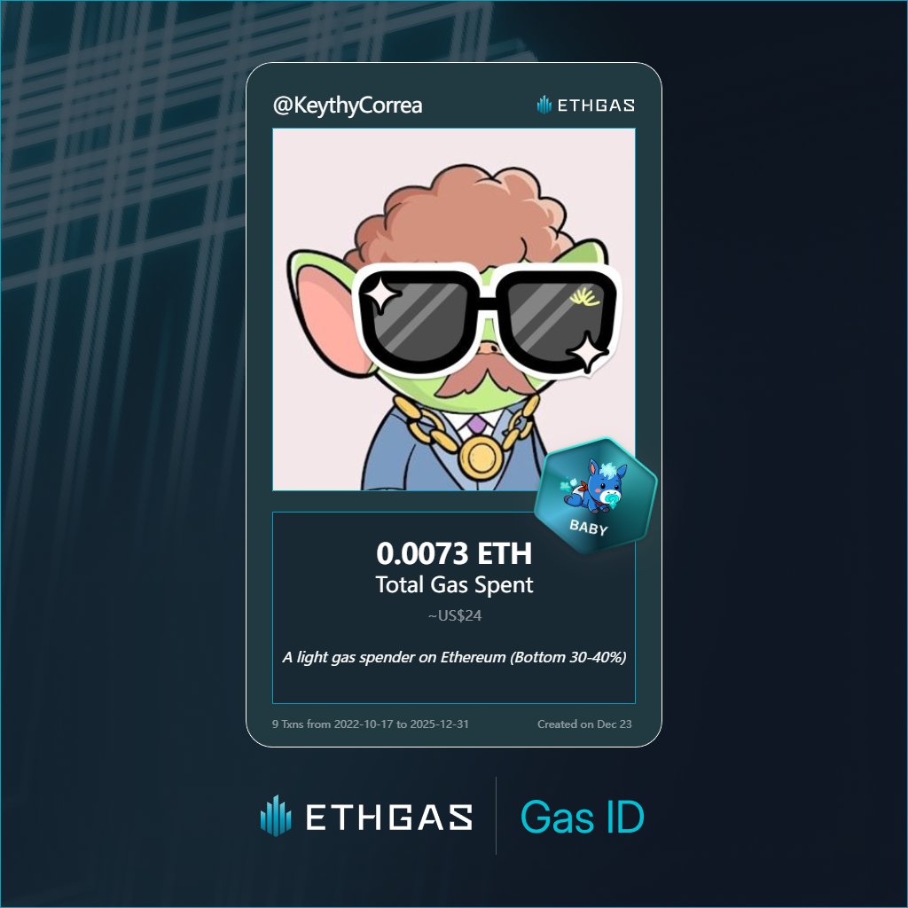 KeythyCorrea's tweet image. Leveled up in the Great Gas Reckoning with ETHGas! 💪

Baby Jack status: 0.0073 ETH gas spent, 2 Beans earned—supporting the Gasless Future!

Claim your Gas ID at ethgas.com/community/gas-…