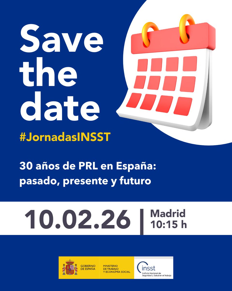 🆕 El Gobierno declara 2026 «Año de la seguridad y salud en el trabajo» en el 30.º aniversario de la Ley 31/1995.

📅 Reserva esta fecha: 10 de febrero, jornada especial por los 30 años de la Ley de Prevención de Riesgos Laborales.

👉 Más información: run.gob.es/dmv16480