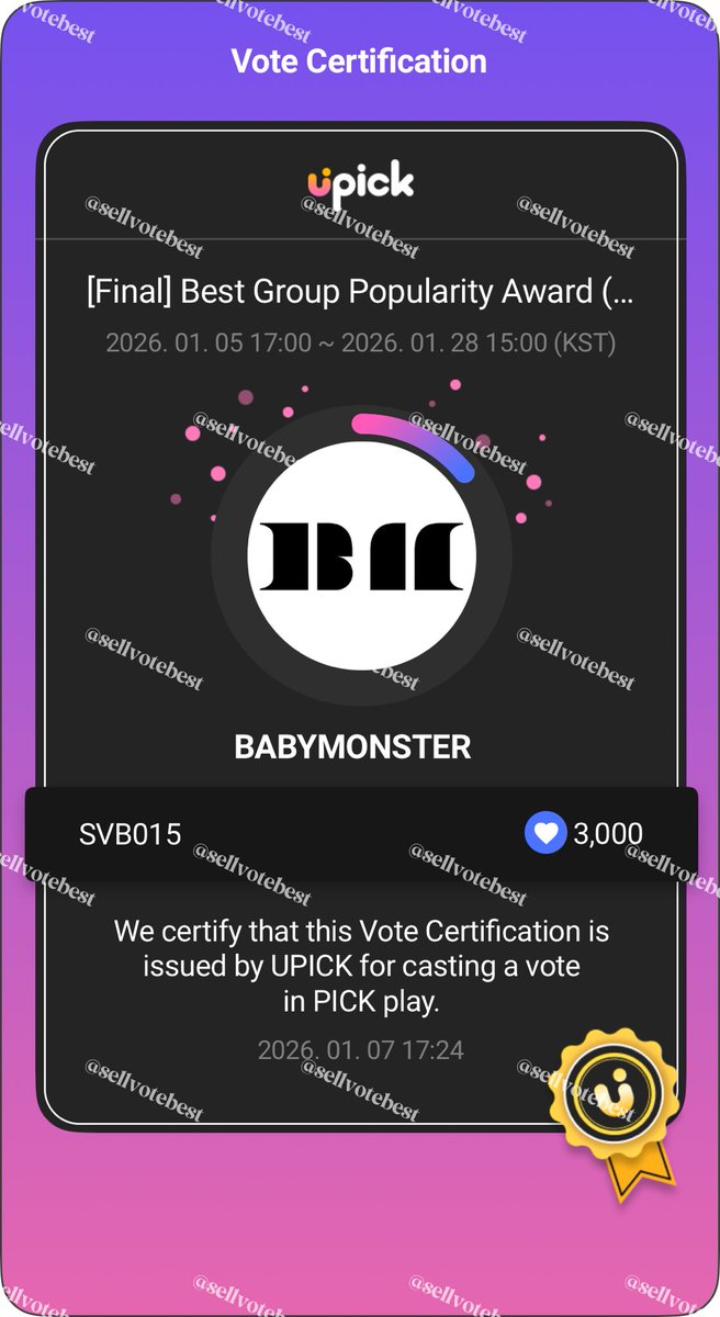 Proof [3,000💙] UPICK
RT deal for #BABYMONSTER | D Awards - [Final] Best Group Popularity Award (Girl)
#SellvotebestProof #sellvotebestGA

📩 DM for available votes &amp; reservation
wts wtb selling kpop votes