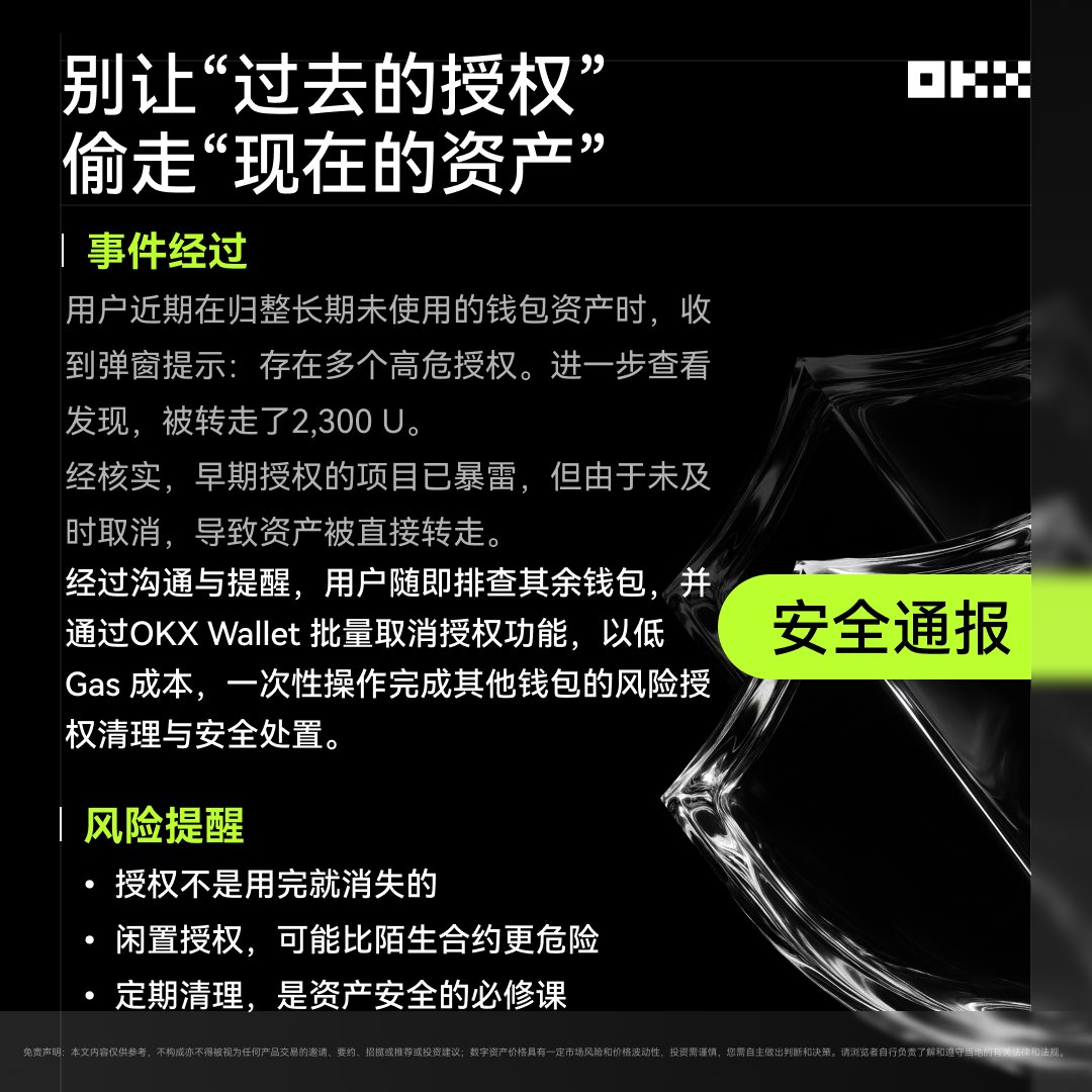 🛡️钱包签名授权并非一次性操作，而是一段持续存在的权限关系。很多项目在使用结束后，授权依然有效，一旦项目停运、被攻击或被恶意接管，资产可能在毫不知情的情况下被转走。  请大家记得定期检查并清理历史授权！欢迎使用