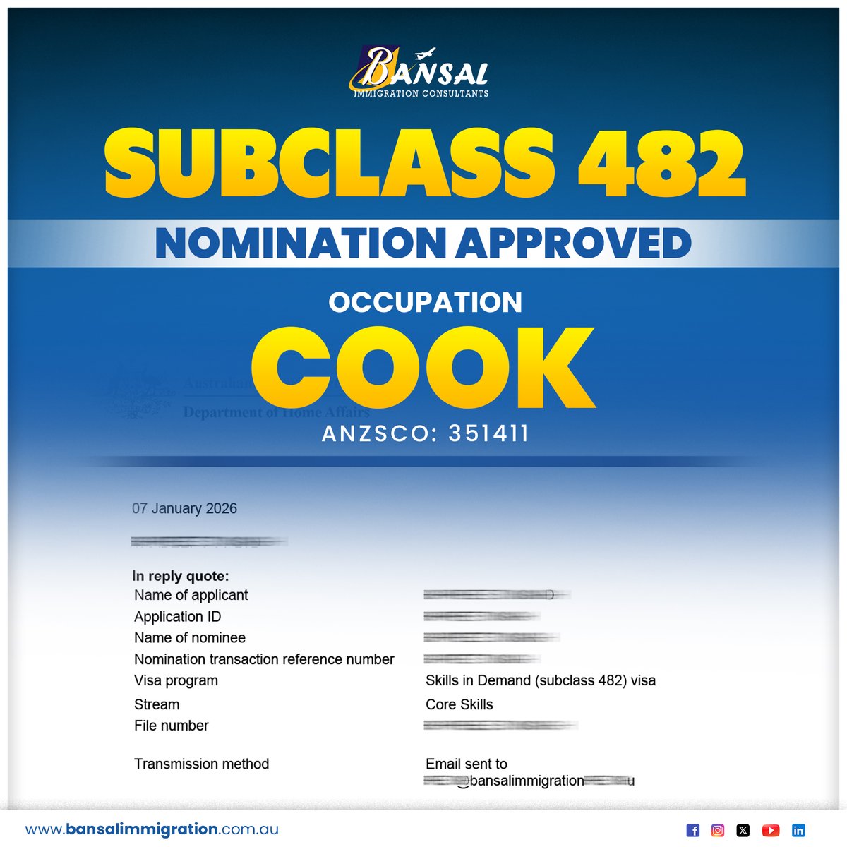 Bansalimmi's tweet image. 🎉 NOMINATION APPROVED 🎉

✅ Subclass 482 – Skills in Demand Visa
👨‍🍳 Occupation: Cook
📌 ANZSCO: 351411

👉Another successful 482 Nomination Approval achieved with Bansal Immigration Consultants.
#Subclass482 #482NominationApproved #CookAustralia #ANZSCO351411 #BansalImmigration