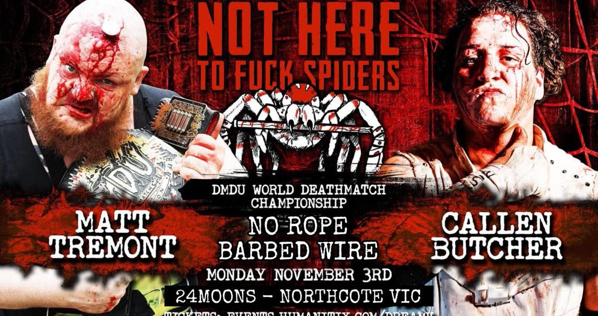 indiewrestling's tweet image. JUST ADDED

@DMDownunder presents
Not Here To Fuck Spiders

Featuring

@Tremont07GCW v @CallenButcher 
@BloodyMickie v @TheMikeKaos 
@FearlessNeil v @SeXXXyEddy69 
+ @Danger_is_Pete @jordansamson95 @AltonThorne @hvysetviolence &amp;amp; more!

Watch it now
independentwrestling.tv/player/GBLqXDJ…