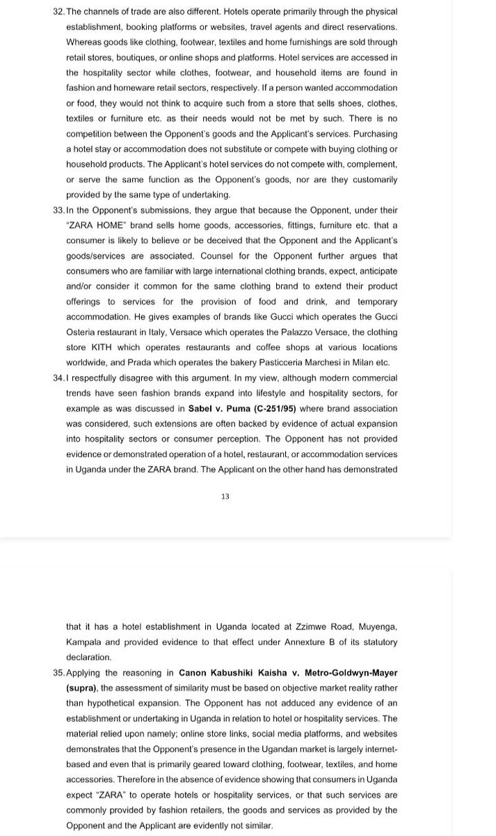 SilverKayondo's tweet image. Global brand ZARA has lost a #trademark opposition against a local hotel

The Applicant’s mark has been adjuged not confusingly similar to ZARA's trademarks, and that ZARA's alleged well-known status had not been perfected in #Uganda through defensive TM registration

#brands #IP