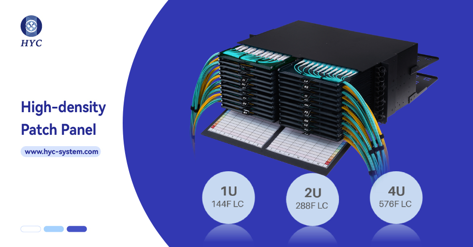 Designed for large-scale telecom and data center deployments, this 4U high-density fiber patch panel supports up to 576 fibers using high-density fiber cassettes.