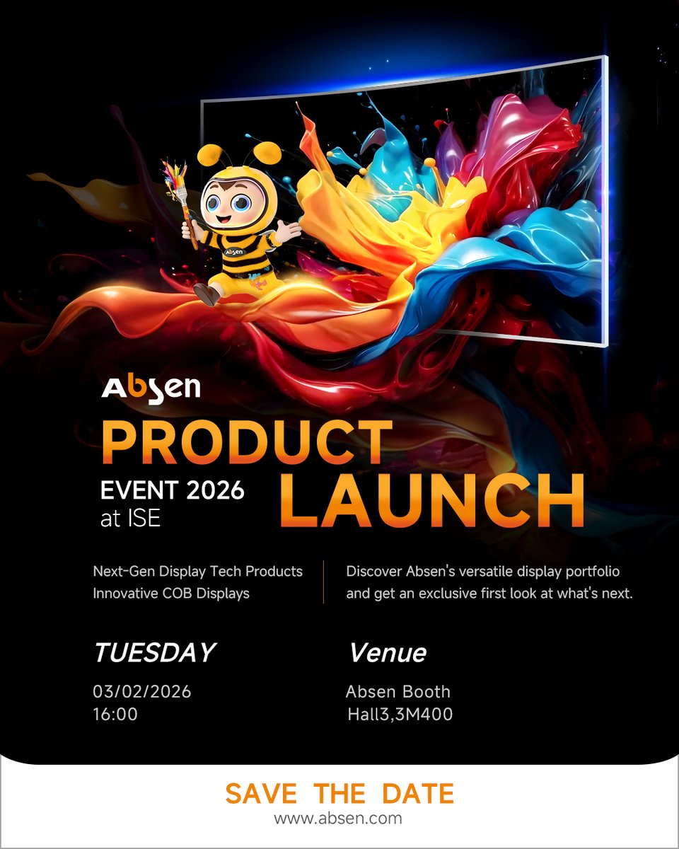 LEDAbsen's tweet photo. ISE 2026 | New Product Launch

Join us at ISE 2026 to explore Absen's latest display technologies and get an exclusive first look at what's next.

📍 Hall 3 | Stand 3M400
📅3 February | 16:00–17:00
🔖Code: ISE2026ABSEN

#absens #absenled #ise2026 https://t.co/ApOqrU2RQb