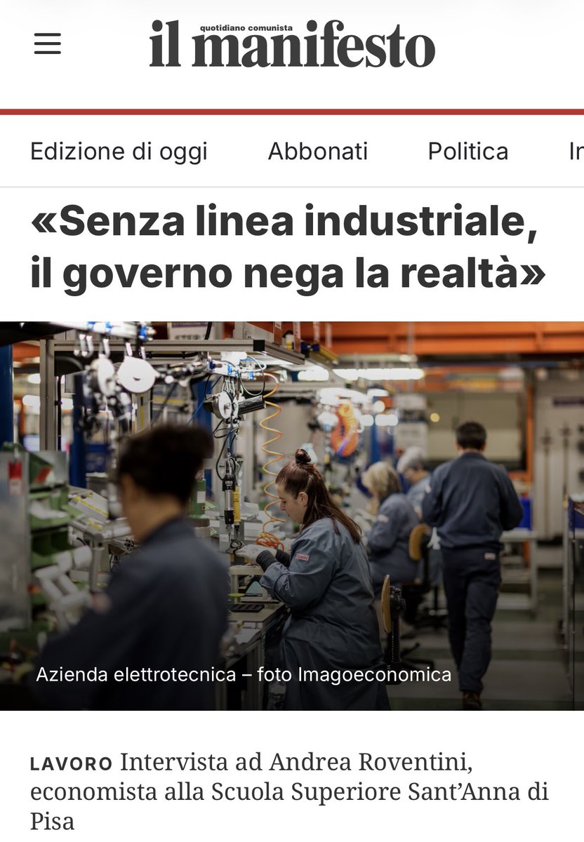 Sono stato intervistato da ⁦<a href="/ilmanifesto/">il manifesto</a>⁩ sulla politica industriale. Purtroppo non c’é nessuna politica industriale. E ci sono più di 70 tavoli di crisi aperte, mentre il min. D’Urso si vanta di averne risolte 27, cioé meno del 40!