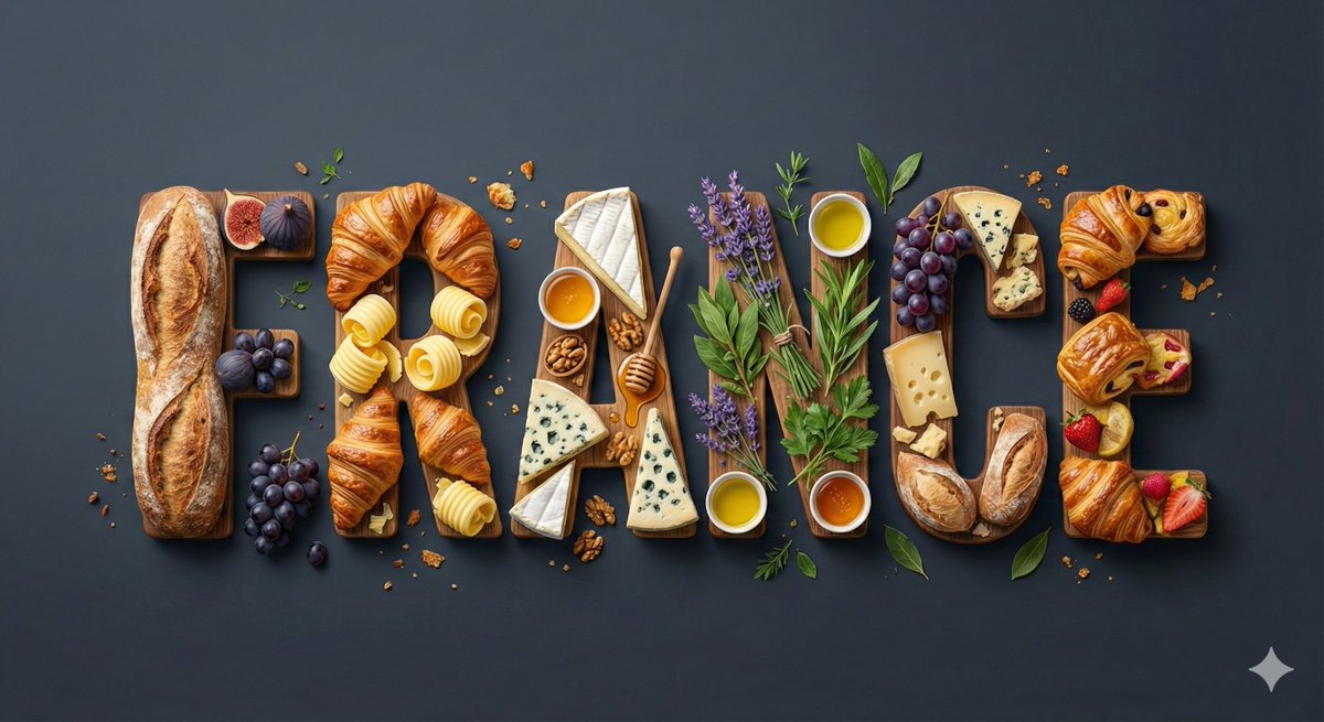 This AI image generation style creates high-quality digital illustrations focusing on typography filled with traditional foods from various countries, set against rich backgrounds.