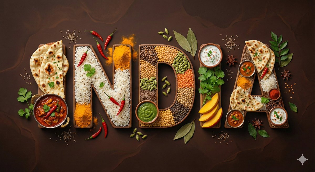 This AI image generation style creates high-quality digital illustrations focusing on typography filled with traditional foods from various countries, set against rich backgrounds.