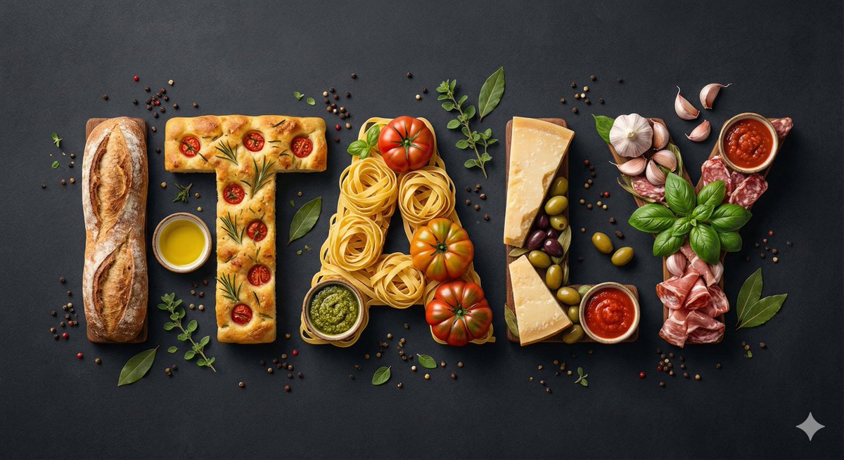 This AI image generation style creates high-quality digital illustrations focusing on typography filled with traditional foods from various countries, set against rich backgrounds.