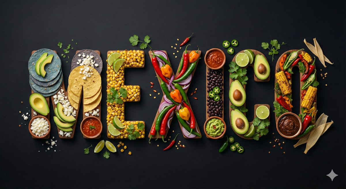 This AI image generation style creates high-quality digital illustrations focusing on typography filled with traditional foods from various countries, set against rich backgrounds.