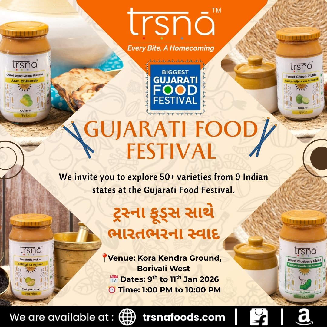 TrsnaF's tweet photo. Experience the Gujarati Food Festival where tradition meets taste and every bite feels like home.✨
Bring your family &amp; friends and celebrate flavours together!

#TrsnaFoods #EveryBiteAHomecoming #GujaratiFoodFestival #MumbaiEvents #WeekendPlans https://t.co/eIMt7tvU82