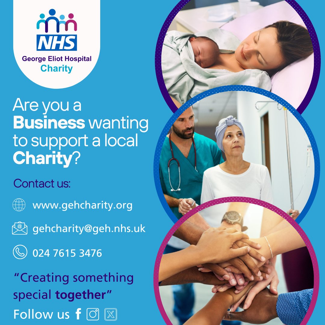 GehCharity's tweet photo. 💙 Make an Impact with George Eliot Hospital Charity! 💙

Since 1996, GEH Charity has been making a real difference—enhancing patient care, funding vital equipment, and supporting the well-being of NHS staff at George Eliot Hospital.

We love partnering with businesses to bring positive change to our community!
By fundraising at work, your company can:

✅ Give back to the local community
✅ Strengthen team spirit with shared goals
✅ Directly improve the lives of patients in our region

Let’s join forces for a healthier, brighter future! 🌟

#MakeADifference #CommunitySupportMatters #KindnessInAction #givingbacktothecommunity #corporatepartnerships #workingtogether 
@GEHNHSnews @cwchamber
@NBBCouncil @Warwickshire_CC