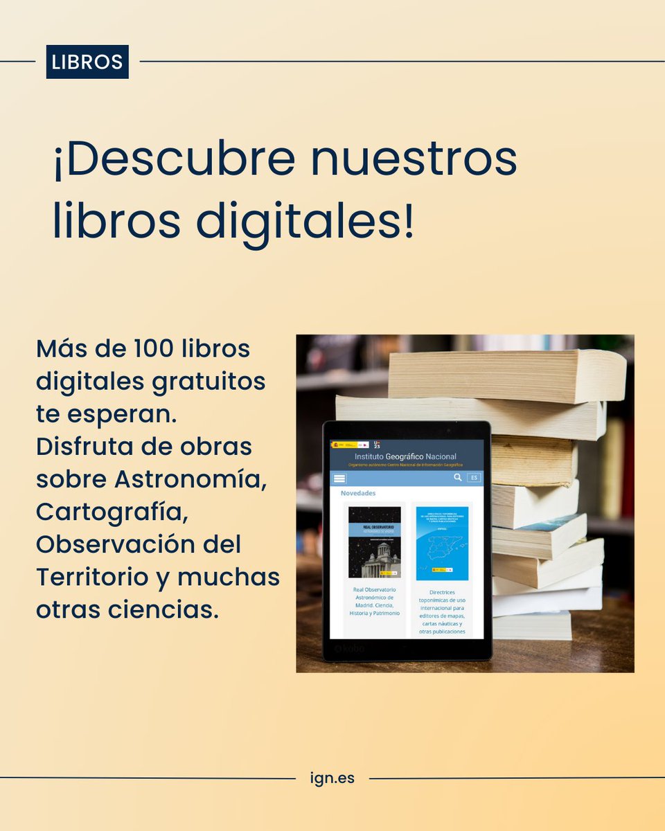 IGNSpain's tweet photo. 🤔 ¿#SabíasQue tenemos más de 100 libros digitales que poder compartir contigo? 📚

➡️ Accede y consulta el #libro que más te interese 📖🖥️👀
🔗 https://t.co/LtUXTdqJWD

🙋‍♀️ Si ya conoces nuestros libros, déjanos un comentario tu opinión 💬

#IGNSpain #CNIG #LibrosIGN #CPAGE @transportesgob