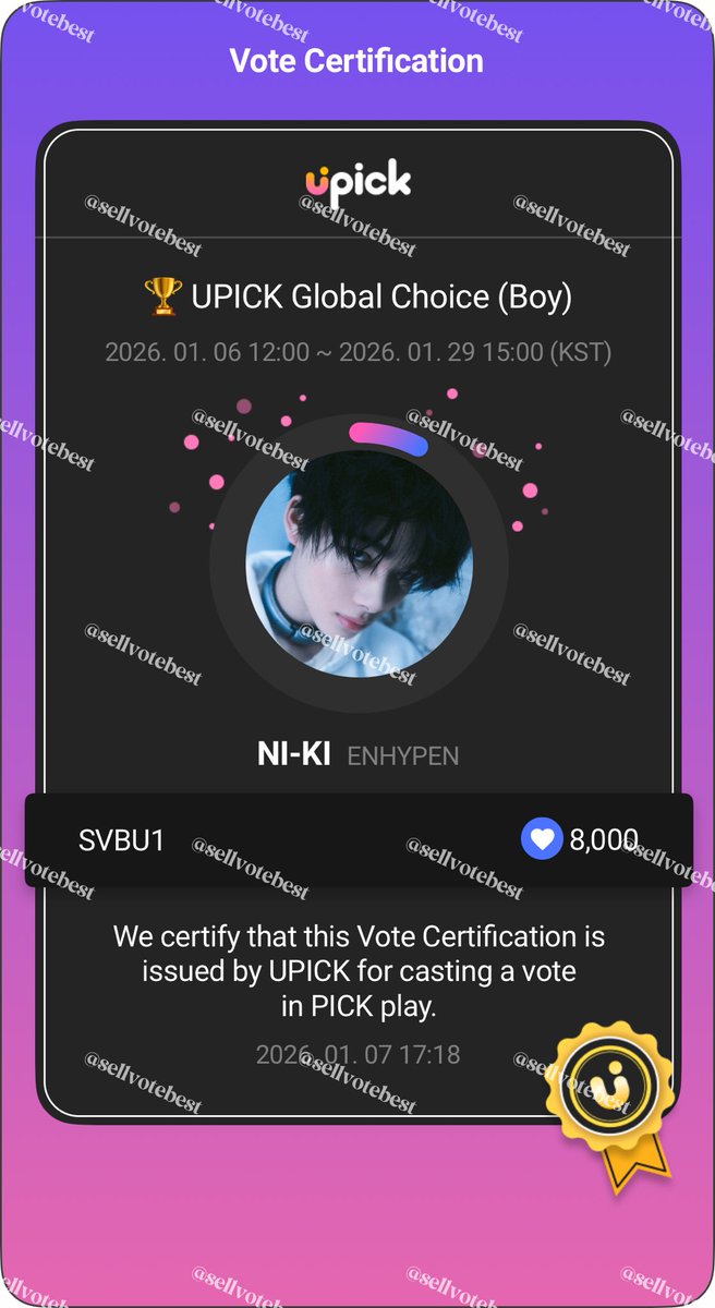 Proof [8,000💙] UPICK
RT deal for #NI_KI #ENHYPEN | D Awards - UPICK Global Choice (Boy)
#SellvotebestProof #sellvotebestGA

📩 DM for available votes &amp; reservation
wts wtb selling kpop votes