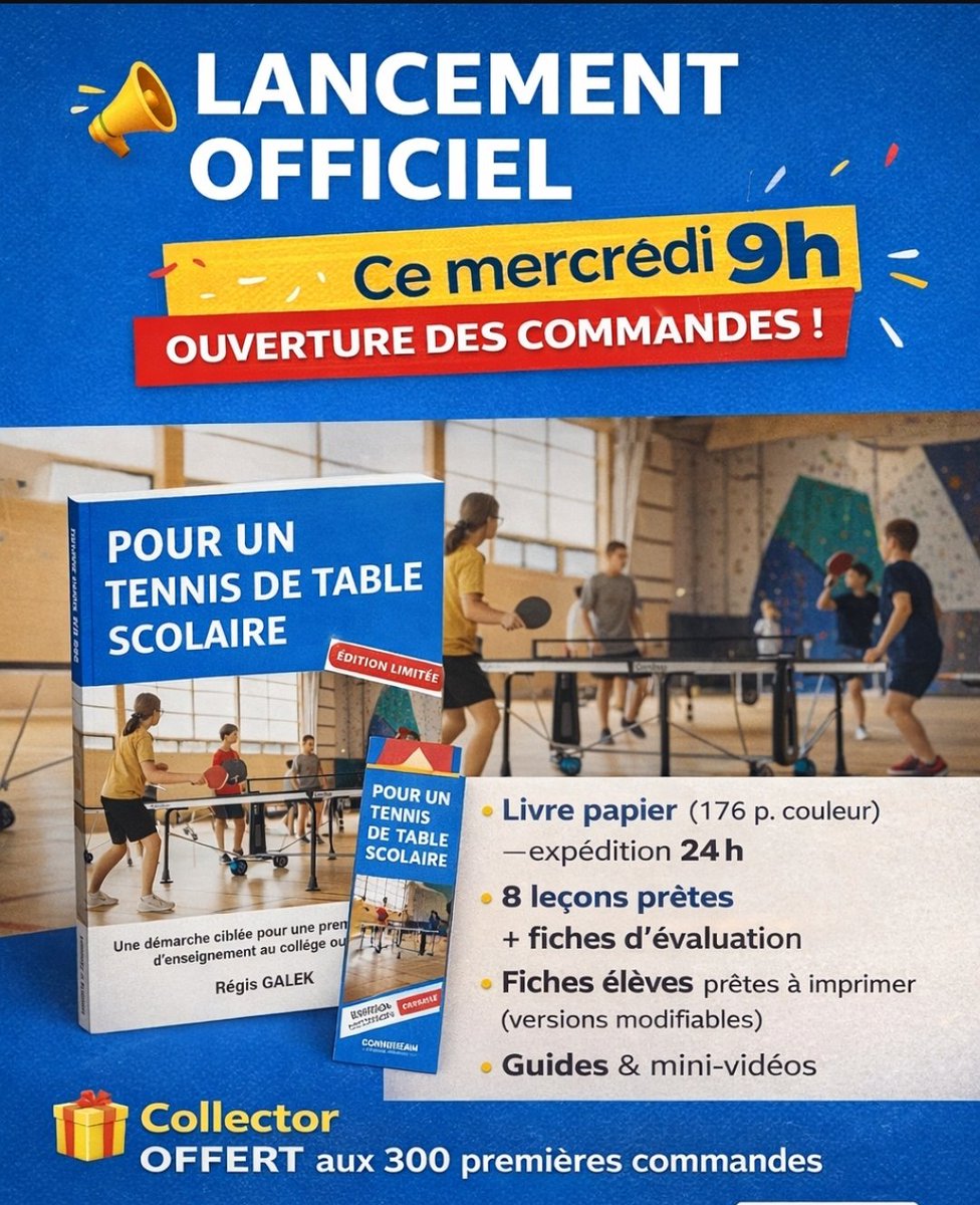 Nouveau — Pour un tennis de table scolaire
Une démarche clé en main, ludique et ciblée pour lancer le ping en EPS dès demain.
Livre + 8 leçons prêtes + fiches
Ouverture ce Mercredi→ epsregal.fr/pack-eps-ping-…
Collector + marque-page pour les 300 1ers
#EPS #TennisDeTable #STAPS