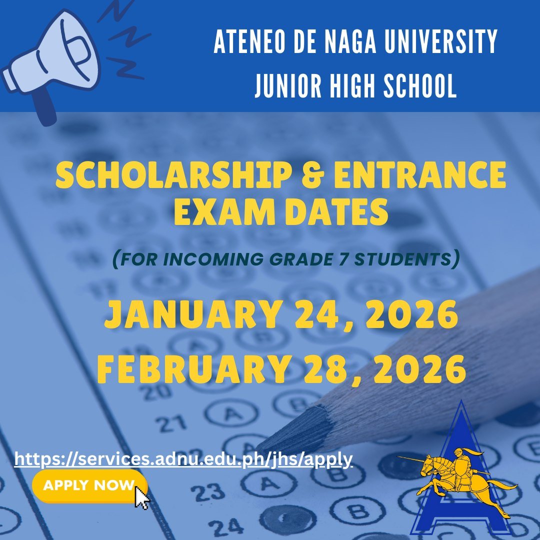 Get a quality Jesuit education—for FREE!
Register now and take the JHS Scholarship Entrance Examination at Ateneo de Naga University.

👉 Apply here: services.adnu.edu.ph/jhs/apply

Source: facebook.com/adnujhs