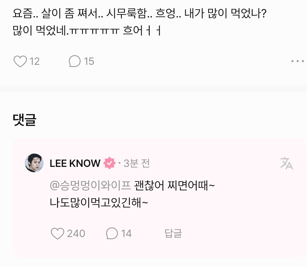 👤: these days …i’ve gained a little weight…im sad…did i eat too much? yeah i ate too much….

🐱: thats okay so what if you gain weight~ i’ve been eating a lot too~

🥹🥹 🥹 lee leeknow
