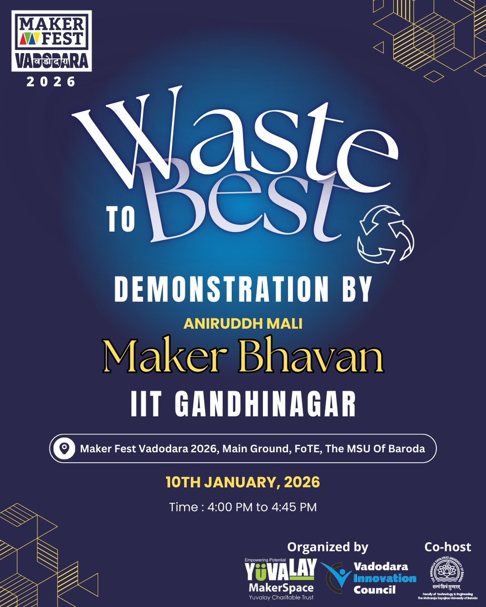 #WASTE TO #BEST 

Ever wondered how waste can turn into something wonderful? Join us at #MakerFest #Vadodara 2026 for an exciting live demonstration that proves #innovation begins with #imagination.

#creation #Makers #makerspace #hackerspace #fablab #makerfestvadodara  #baroda