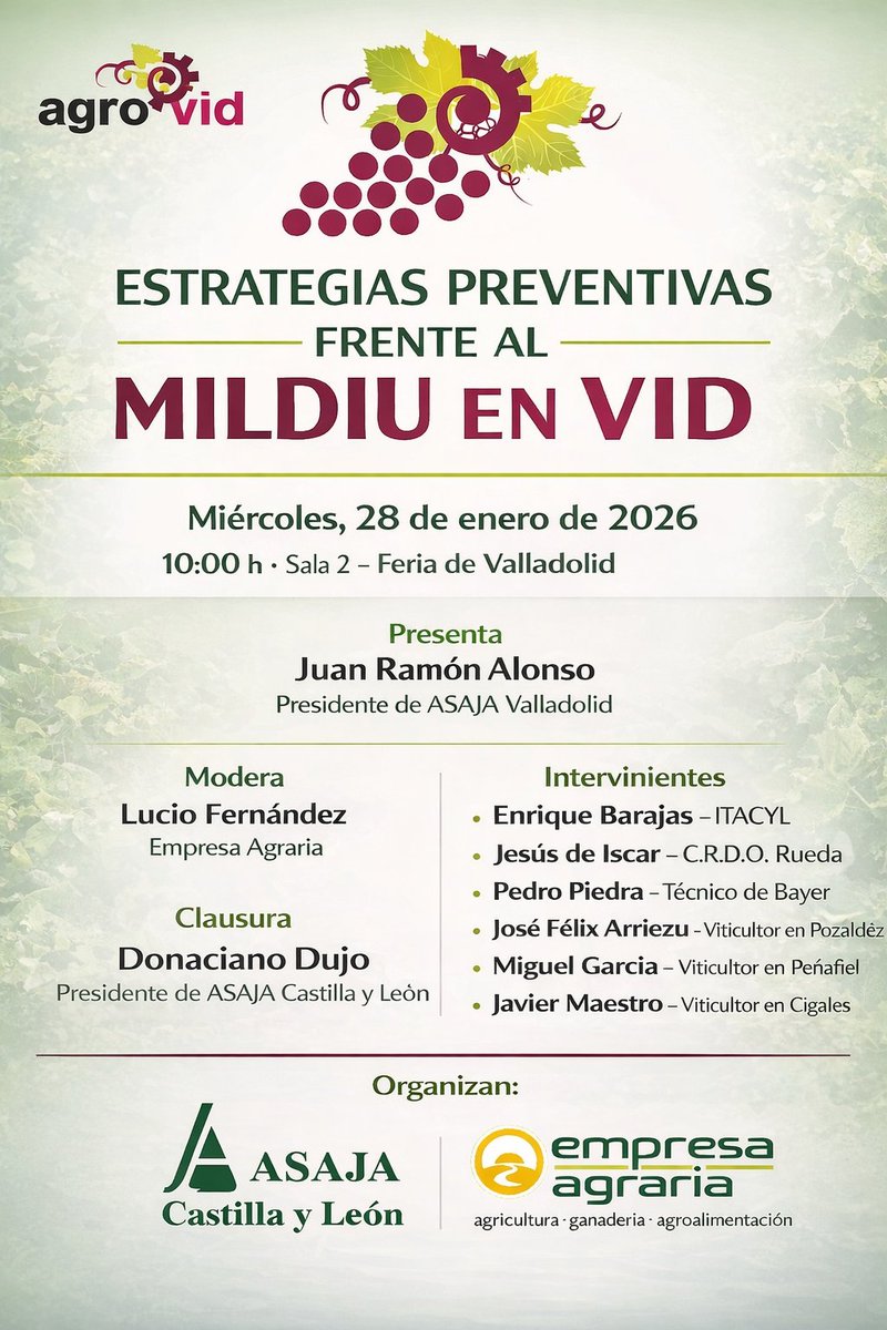 🍇 ¿Te preocupa el mildiu en tu viñedo?

📅 28 de enero de 2026
🕙 10:00 h
📍 Feria de Valladolid | Sala 2
Jornada técnica en #Agrovid con expertos y viticultores sobre estrategias preventivas frente al #mildiu en vid.
👉 Conocimiento práctico y experiencias reales.