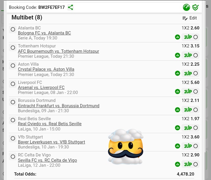 BW2FE7EF17🧾
8 Games🏟️
Straight Wins 🎭💪 
Kick Off 19:30⏰